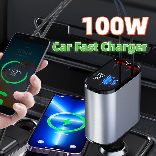 ULTRA-FAST 86W Retractable Car Charger – 300% Speed Increase & Dual Port (66W/20W) – Automatic Cable Storage USB-C/Lightning for Clutter-Free Car