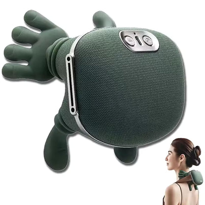 Green octopus-shaped bionic massager with a woman wearing it on her neck