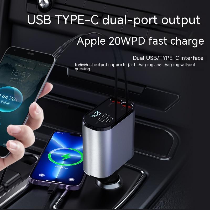 ULTRA-FAST 86W Retractable Car Charger – 300% Speed Increase & Dual Port (66W/20W) – Automatic Cable Storage USB-C/Lightning for Clutter-Free Car