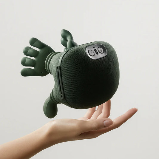 Green hand-shaped bionic massager held in a hand against a light gray background
